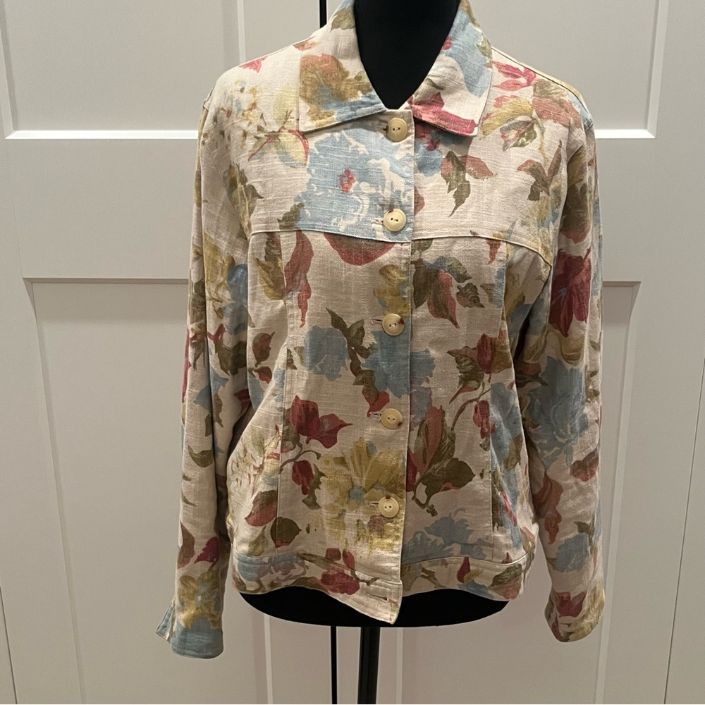 Coldwater Creek Cream Floral Jean Jacket with Pastel Accents